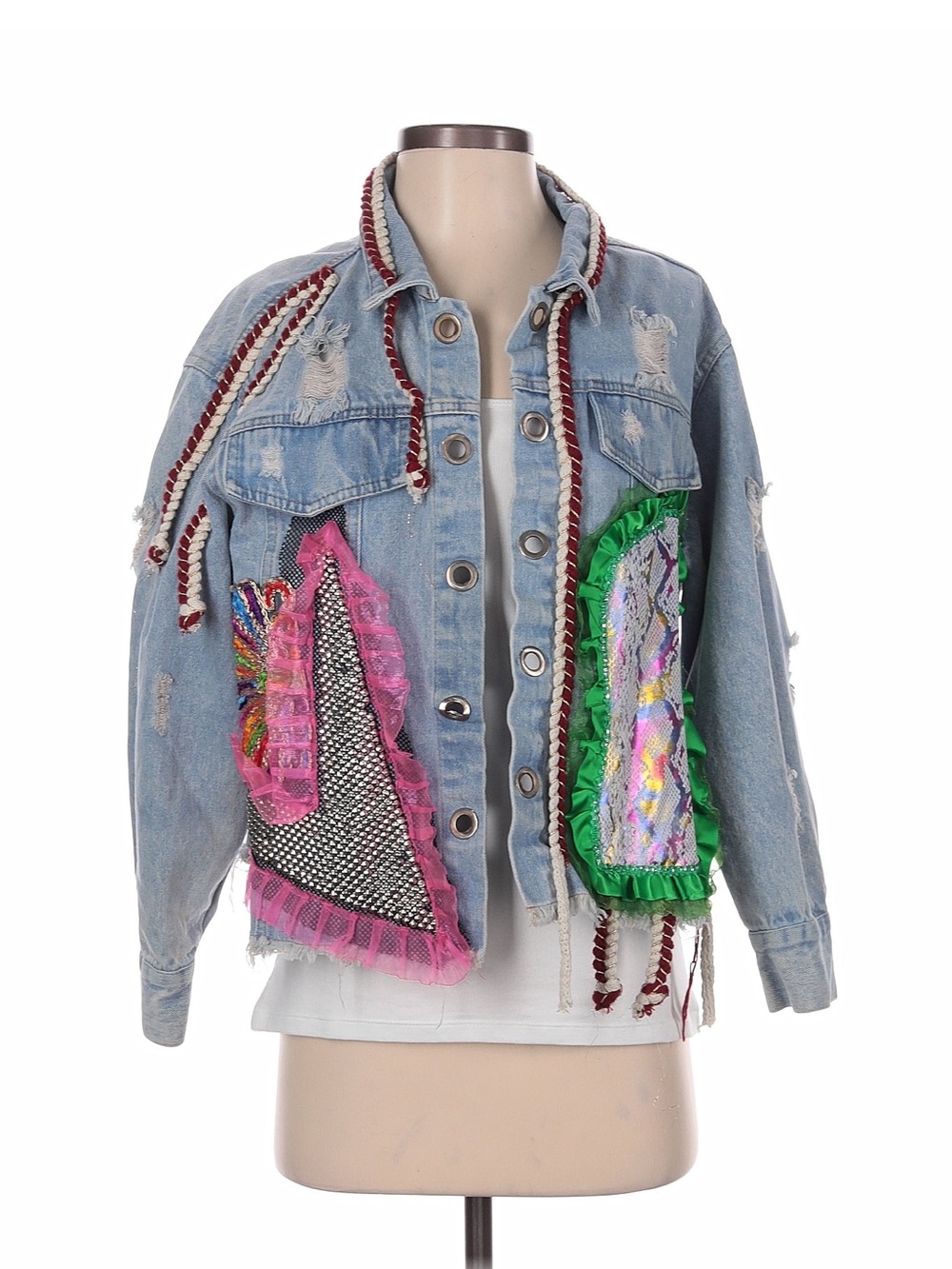 Light Blue Denim Jacket with Pink & Green Sequin Accents